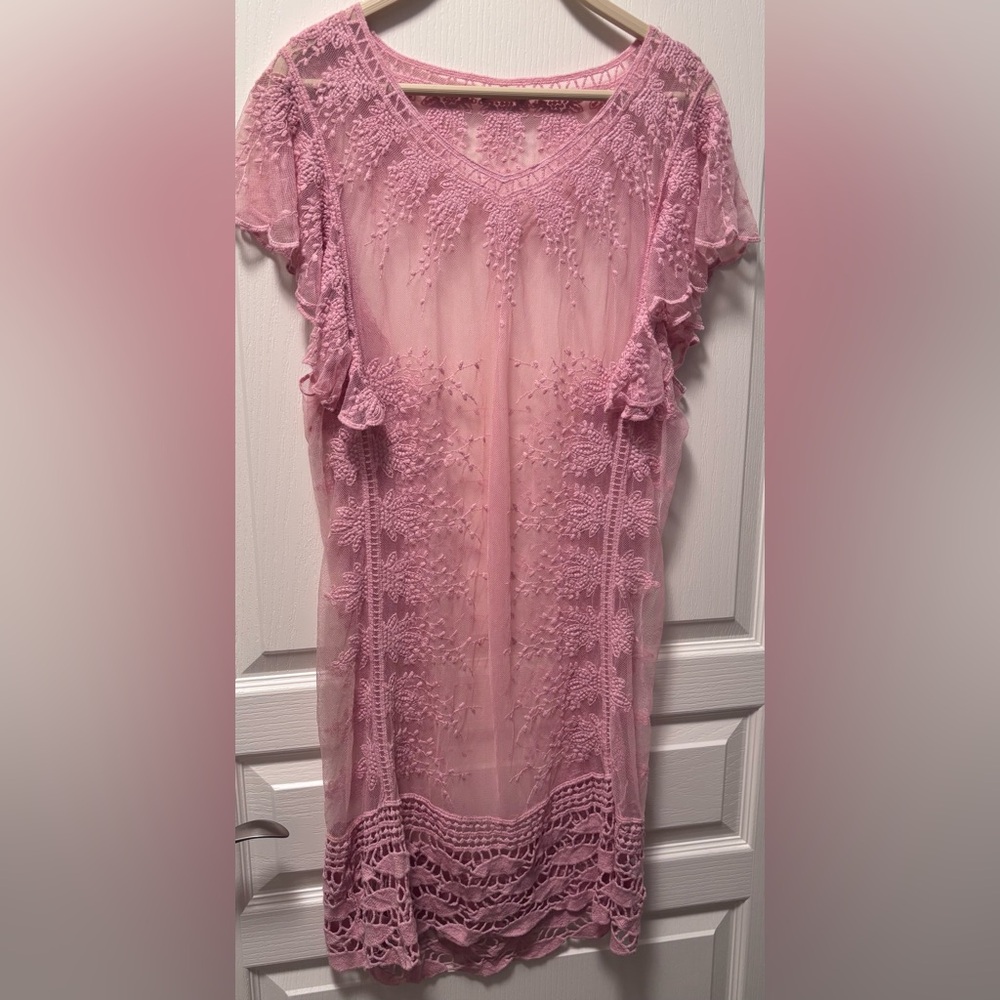 Pink Lace Overlay Dress embroidered with ruffled sleeves sheer - Picture 5 of 16